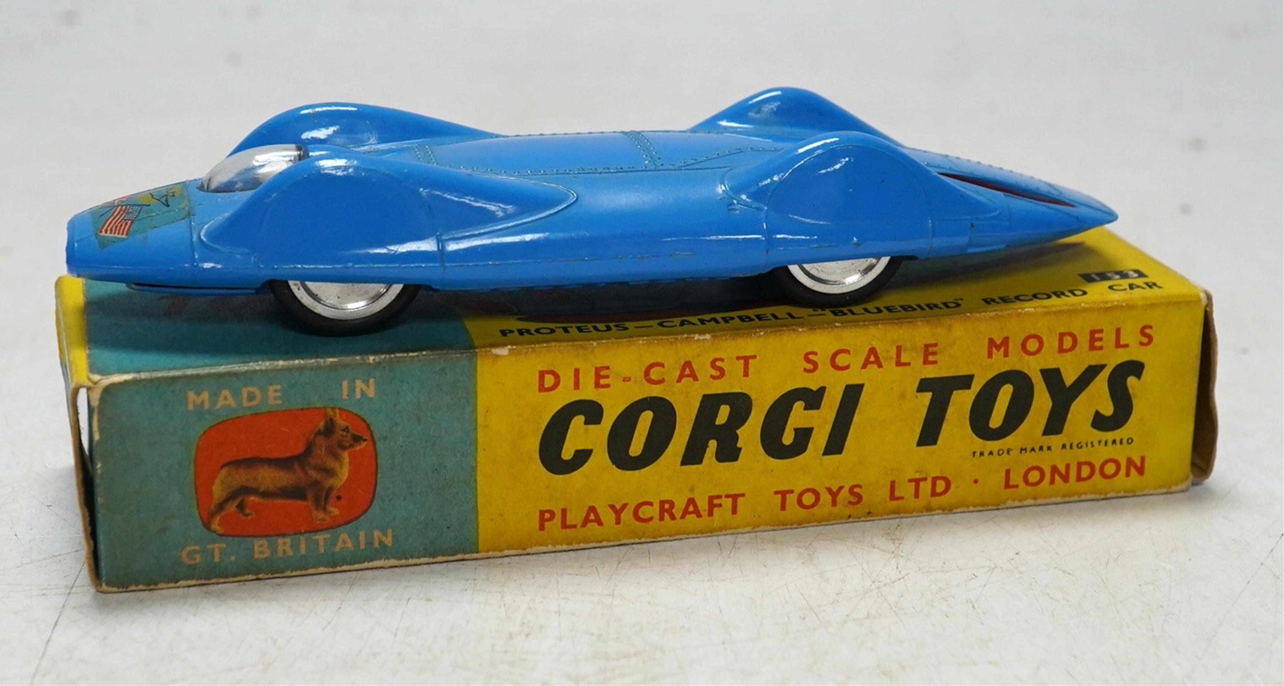 Three boxed Corgi Toys; a Proteus Campbell Bluebird land speed record car (153), a Chevrolet Astro 1 Experimental Car (347) and a James Bond 007 Citroen 2CV (51655). Condition - good